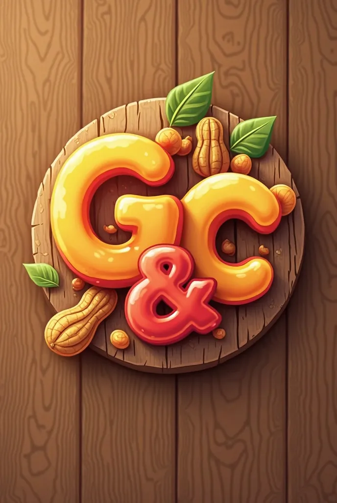 a little. Create a business logo of a gummy and peanut business with the name "g&C wicho", solo anima un poco las siglas g&C, la g de gomitas enchiladas y la C de cacahuates, Put on an oak wood background 