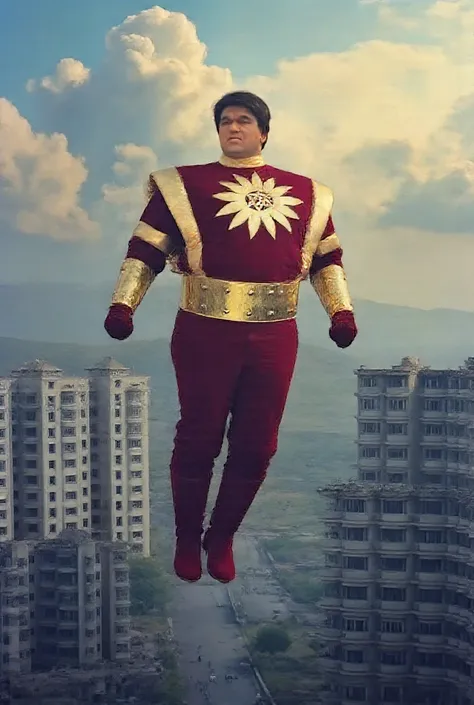 shaktimaan in flight, masterpiece, 8k, hyperrealistic, cinematic, dramatic lighting, high detail, flying superhero, red and blue costume, determined facial expression, soaring through the sky, cityscape in the background, clouds, sunbeams, wind effects, vo...