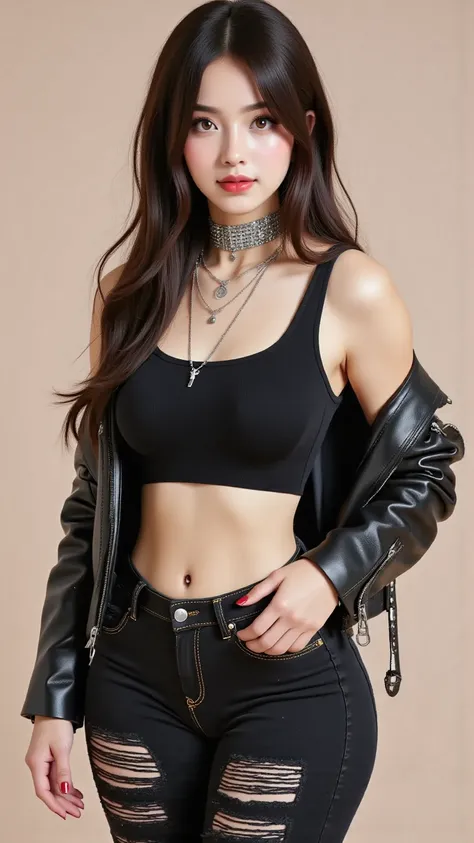 A confident rocker girl standing casually in front of a plain neutral background, long tousled wavy brunette hair streaked with subtle deep red highlights (1.3), glowing fair skin tone (1.2), piercing hazel eyes (1.3), wearing a cropped black leather jacke...