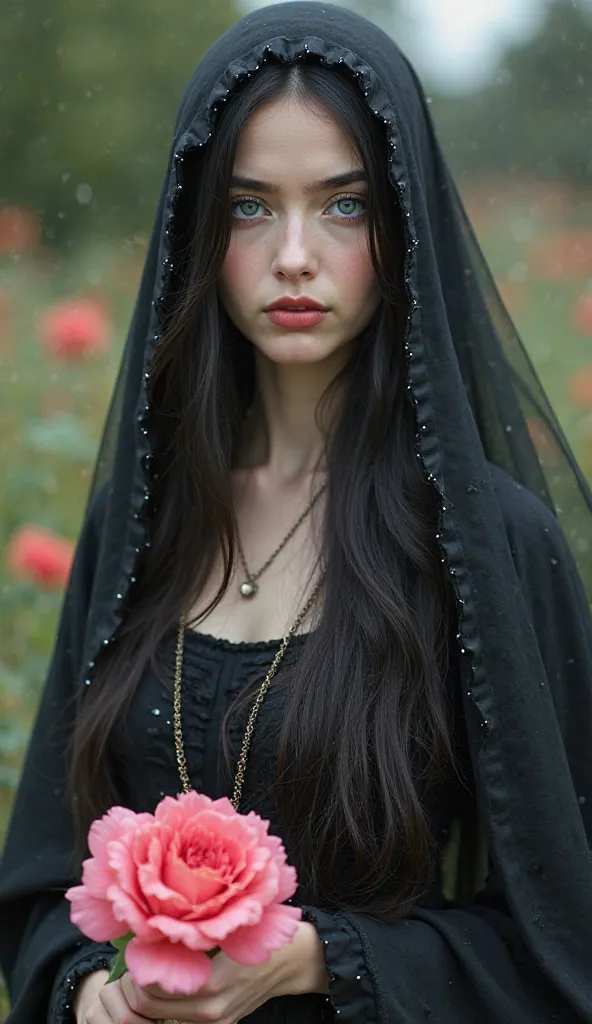 Women ( )  with white skin, black hair (long and(( limp))  with a black veil , blue eyes (Dark and bright) (hunter) light red lips ( small ) with a slender face and a slender body with Ottoman dress combined with medieval. Perspective in a garden (cool col...