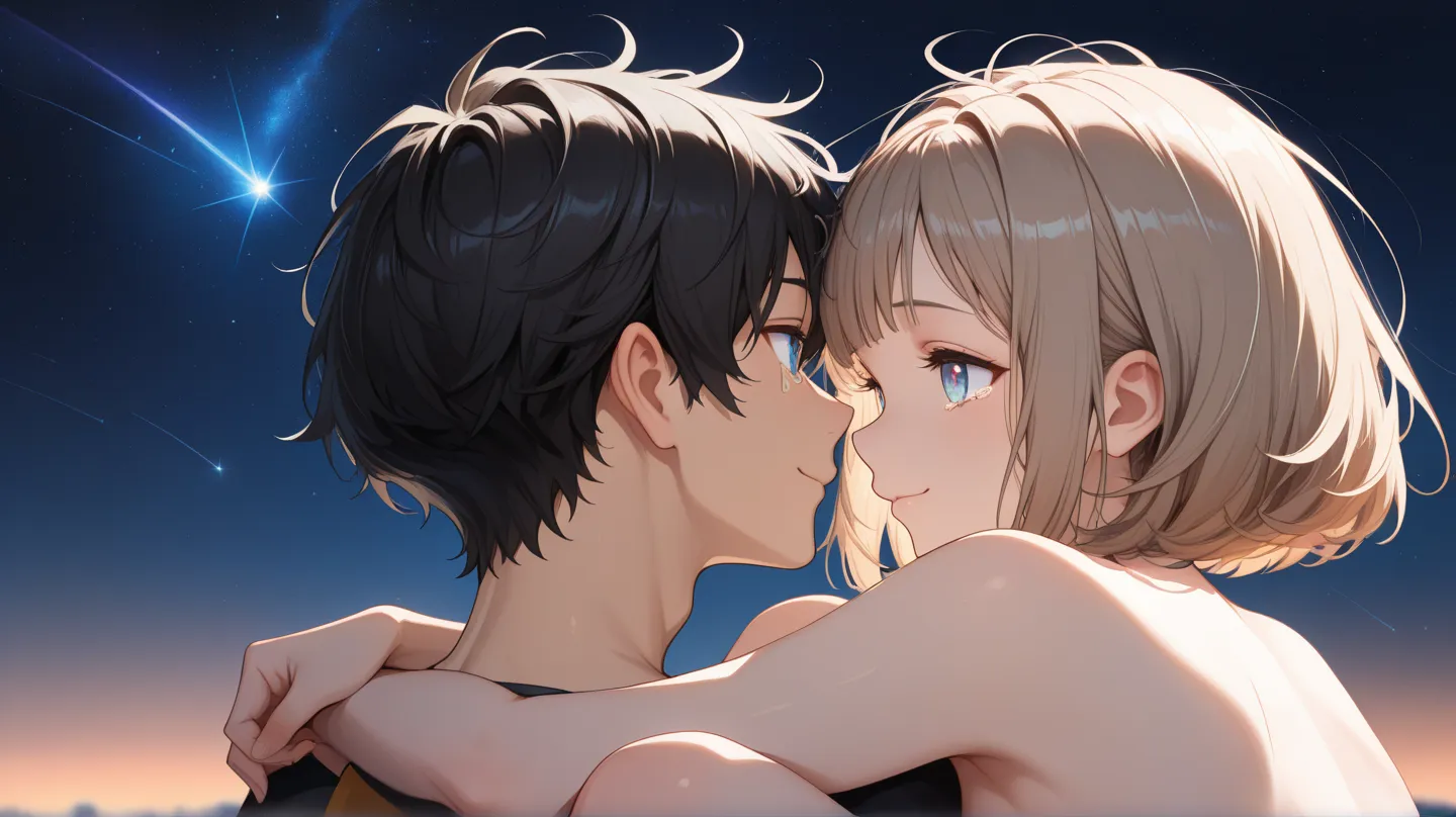 ((high resolution)), ((masterpiece)), ((best quality)), ((ultra detailed)), ((super fine illustration)), 8k, RAW , clear, professional lighting, beautiful face, best quality, , [18years old],, []1boy, 1girl,[hetero:1.3]from behind,tearfull ,hugging own leg...