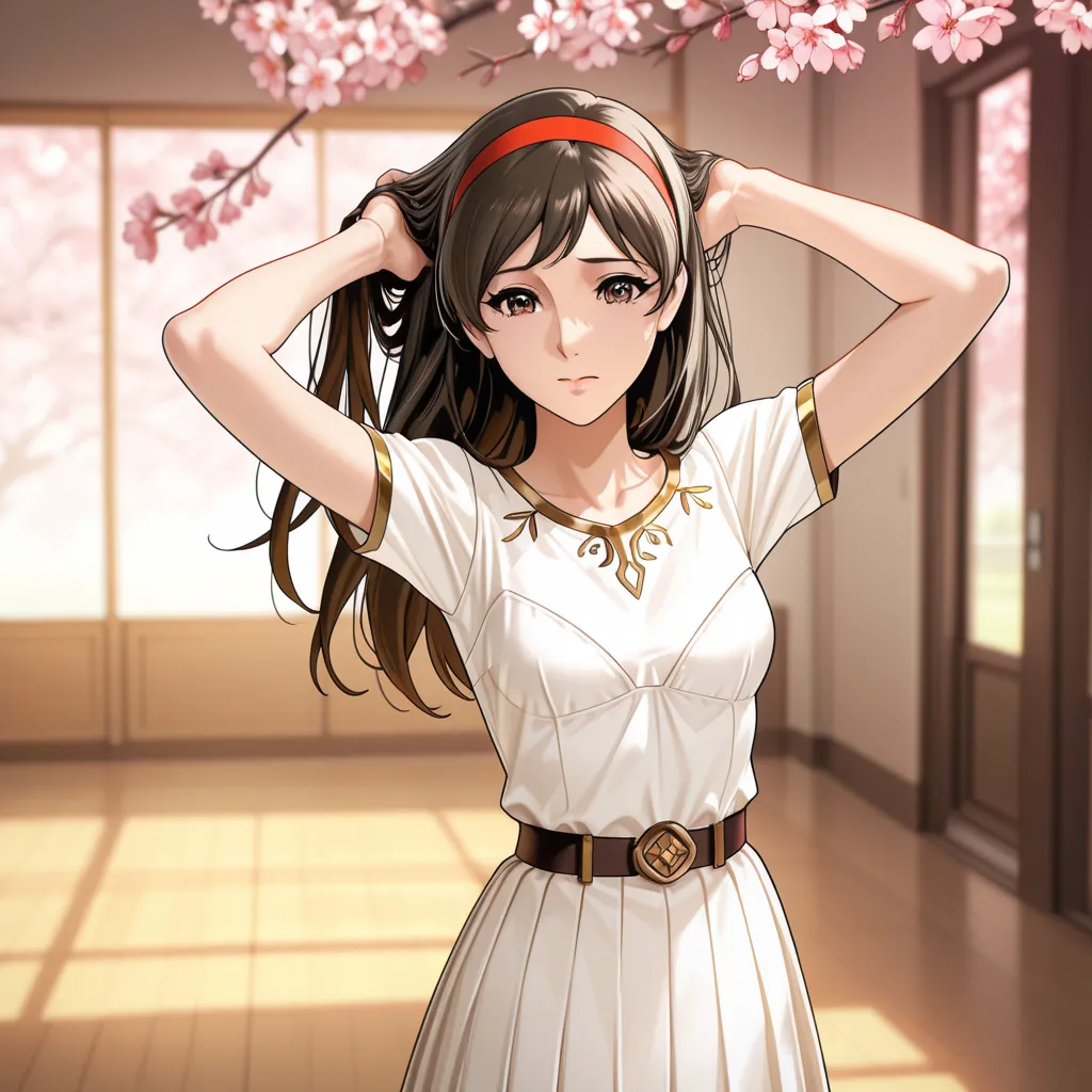 Saijo Miki ,, brown eyes　 dark hair　red headband　Gestures to hang long hair in your ears　