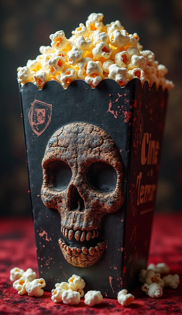 An image of a popcorn bag, in HD quality, Let the bag say Cine Terror, and that the popcorn are shaped like skulls,  all this , Without using the color red at any time