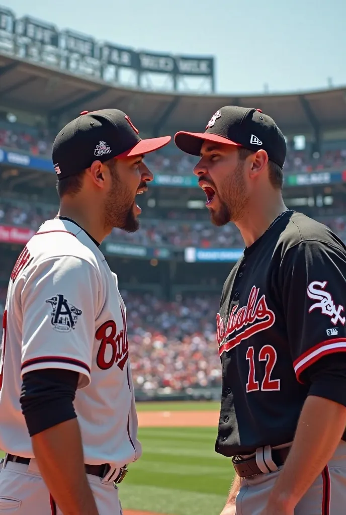 Create a picture of two players from Claveland Guardians and Chicago White Sox in uniform with their team logos on shirts and caps. The picture should show great rivalry and aggression between these players and they are shouting at each other . The backgro...