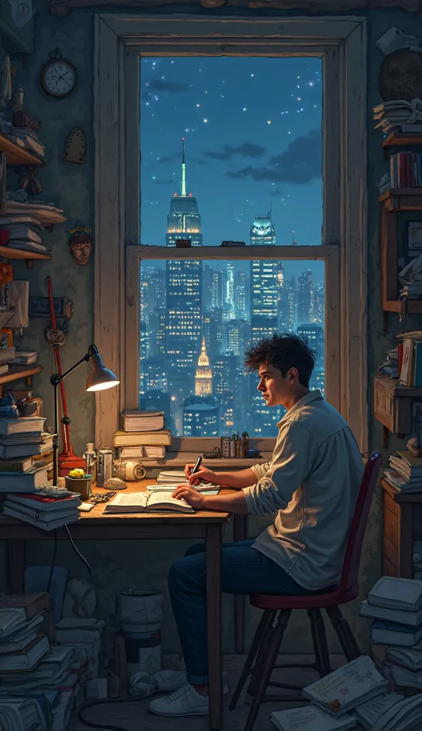 "A young man sits in a simple room filled with books and work tools. His expression shows confusion and determination. In the window looks out the view of the big city at night, gives a sense of hope and struggle."
