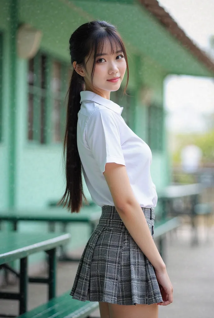 Real photos High-quality Realistic of Thai woman,   pretty girl  (((big breasts , big breasts ,  nsfw ))) , best quality,  20-year-old Thai girl in school uniform standing near green metal table,    She is wearing a white shirt  (((big breasts , big breast...