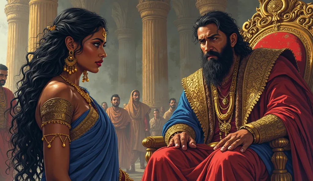 In the grand kingdom court, a beautiful, sexy Indian princess with warm brown skin and distinct Indian facial features stands before the majestic king, tears streaming down her face. Dressed in royal blue and red garments with gold jewelry, she looks distr...