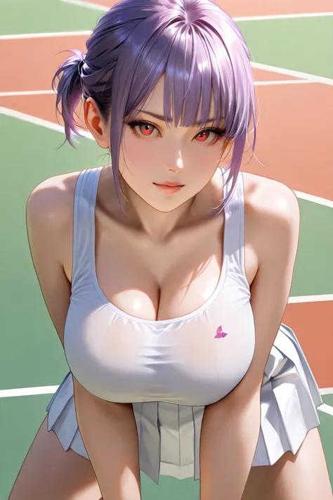 nsfw,, Dead or Alive, purple hair,short ponytail,、White Tennis Wear、white pleated skirt、ruffled undercoat、、 Costume、 tennis court，1fat man, 1girl ,,tits job、face up,top view,Paizuri 、realistic,