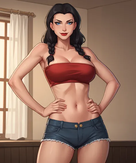 safe_pos, PonyXLV6_Scores BREAK ((parody style, parody), perfect anatomy, perfect eyes, cowboy shot), BREAK zatanna, black hair, waterfall braids, blue eyes, light red lipstick, black makeup, ((looking at viewer)), red velvet jean shorts, curvy, athletic, ...
