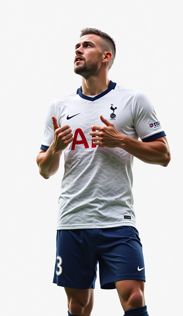 27-year-old male ,buzz cut,athletic and muscular body, And the marked mandible, with a with a white Tottenham Hotspur soccer jersey and navy blue Tottenham Hotspur shorts, poses on a white background. He is posing dynamically, looking in profile, with one ...