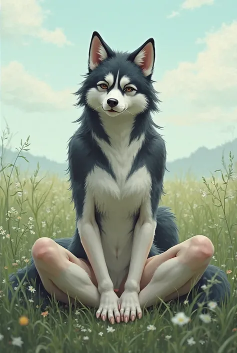 Female Husky with humanoid shape but with husky fur, Sitting cross-legged in a field