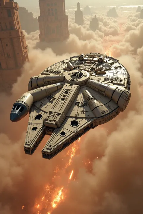 Millennium Falcon taking off with Anakin, Obi-Wan, Han and Chewbacca on board.
