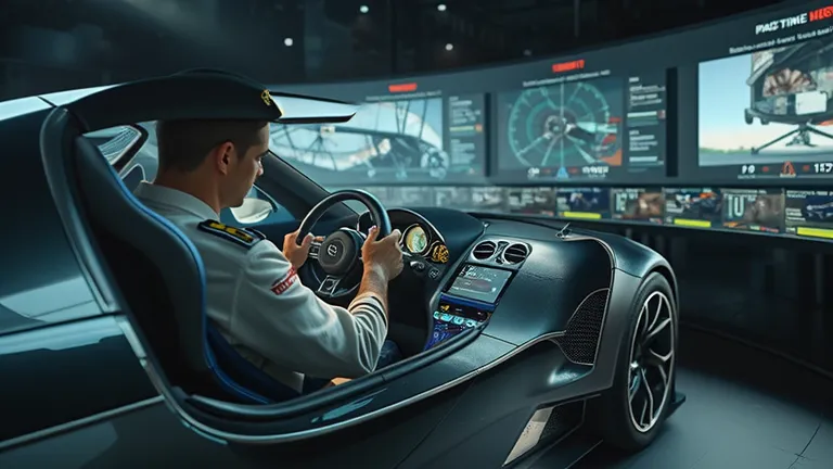 A futuristic showroom setting where a professional race car driver sits inside the Bugatti Bolide, adjusting the steering wheel settings. Digital screens in the background display lap time simulations and telemetry data.  
