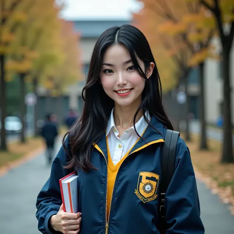 (best quality,4k,8k,highres,masterpiece:1.2),ultra-detailed, Japanese Goddess Amaterasu as a college student, Adult Japanese woman. realistic Japanese features, Black hair, Dark blue jacket with yellow accents, walking around college campus, carrying textb...