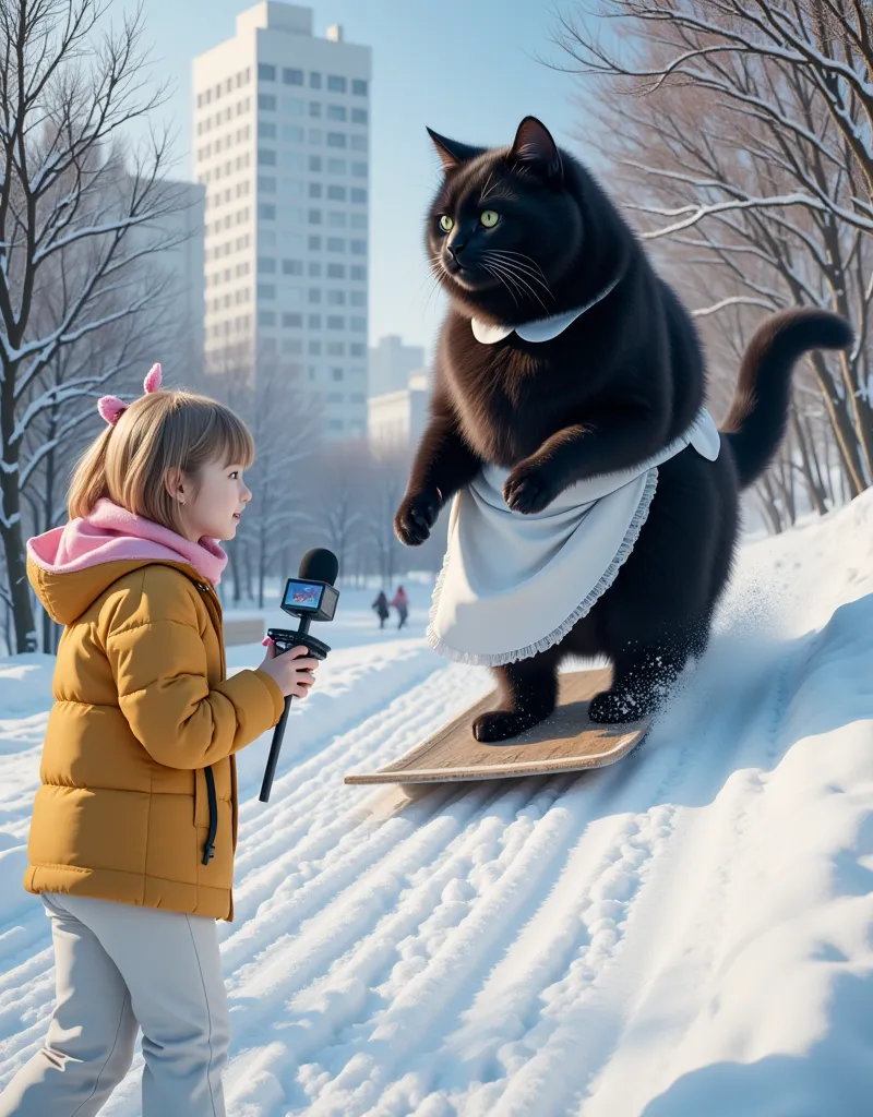 score_9,score_8_up,score_7_up,score_6_up,score_5_up,score_4_up,source_real photo,Ultra-realistic,Photorealistic,Ultra-realistic,Photorealistic,Dramatic Scene, Global Illumination, A huge black cat and a girl about are playing in the snow in a snow-covered ...