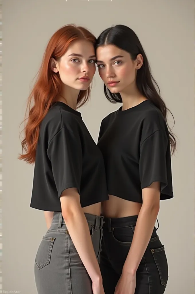 ** Description :**

woman wearing black cotton crop tops, with short medium sleeves and round neck. One of them stands, with its back facing the spectator, while the other is looking directly forehead. . Both have a relaxed and natural posture, with relaxe...