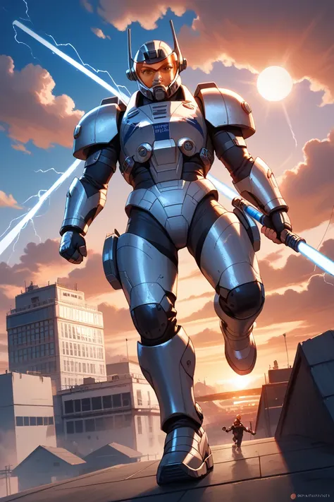 Ventillion, a futuristic armored hero, stands bravely on the roof of his school at sunset, surrounded by the wreckage of metal invaders. His battle suit shines in a shiny metallic blue and silver design, with glowing lines running throughout his armor. His...