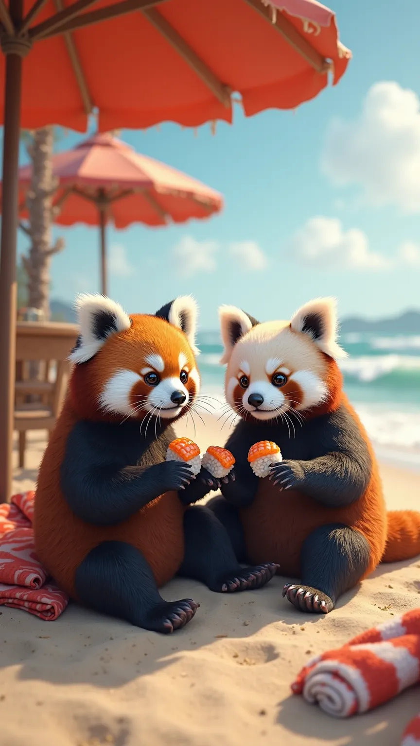 Create an ultra-realistic image of a red panda and a black and white panda with the same appearances as the ones in the provided photos, featuring their distinctive fluffy fur patterns. The pandas should be sitting under a beach kiosk, enjoying sushi toget...