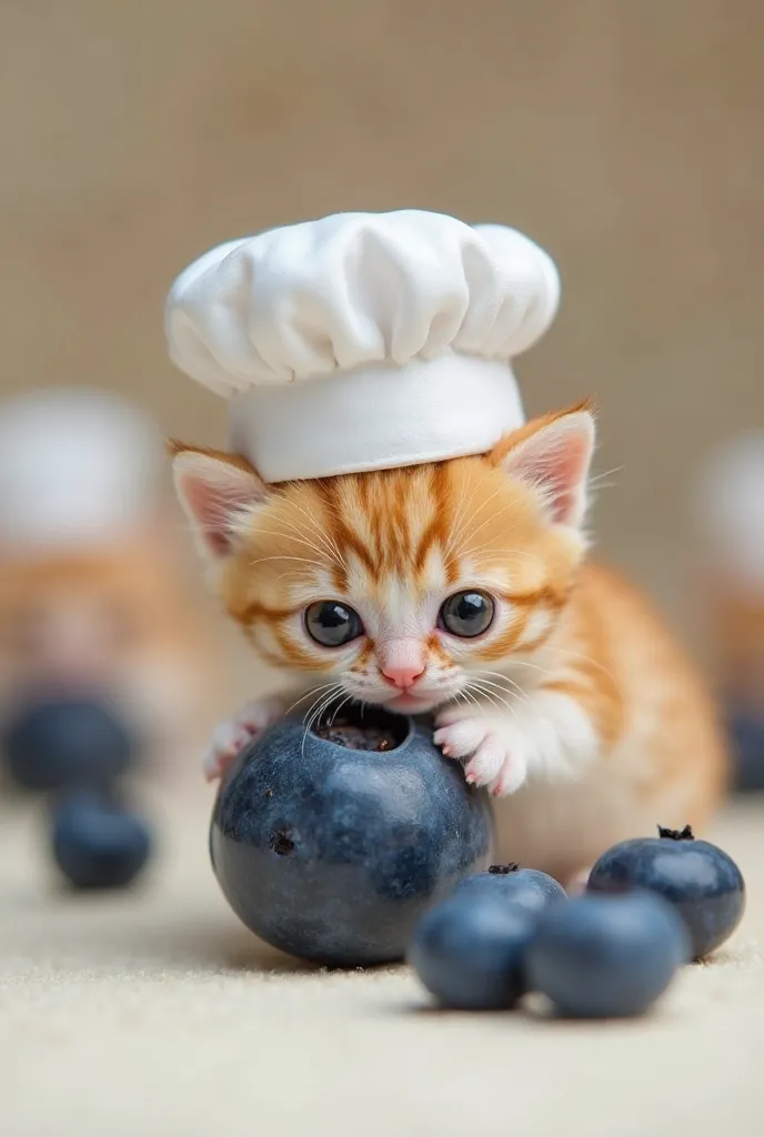 A 1cm-tall miniature kitten with cream-colored fur and adorably round eyes playfully rolls a blueberry with its tiny paws. Its tiny white chef hat tilts slightly as it pushes the oversized fruit. The blueberry is almost as big as the kitten, making the sce...