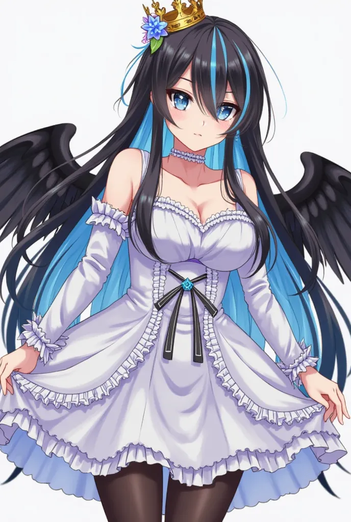 Anime, wings, breasts, dress, 1girl, flower, black_hair, colored_inner_hair, pantyhose, long_hair, cleavage, hair_ornament, looking_at_viewer, blue_hair, multicolored_hair, blue_eyes, black_pantyhose, black_wings, crown