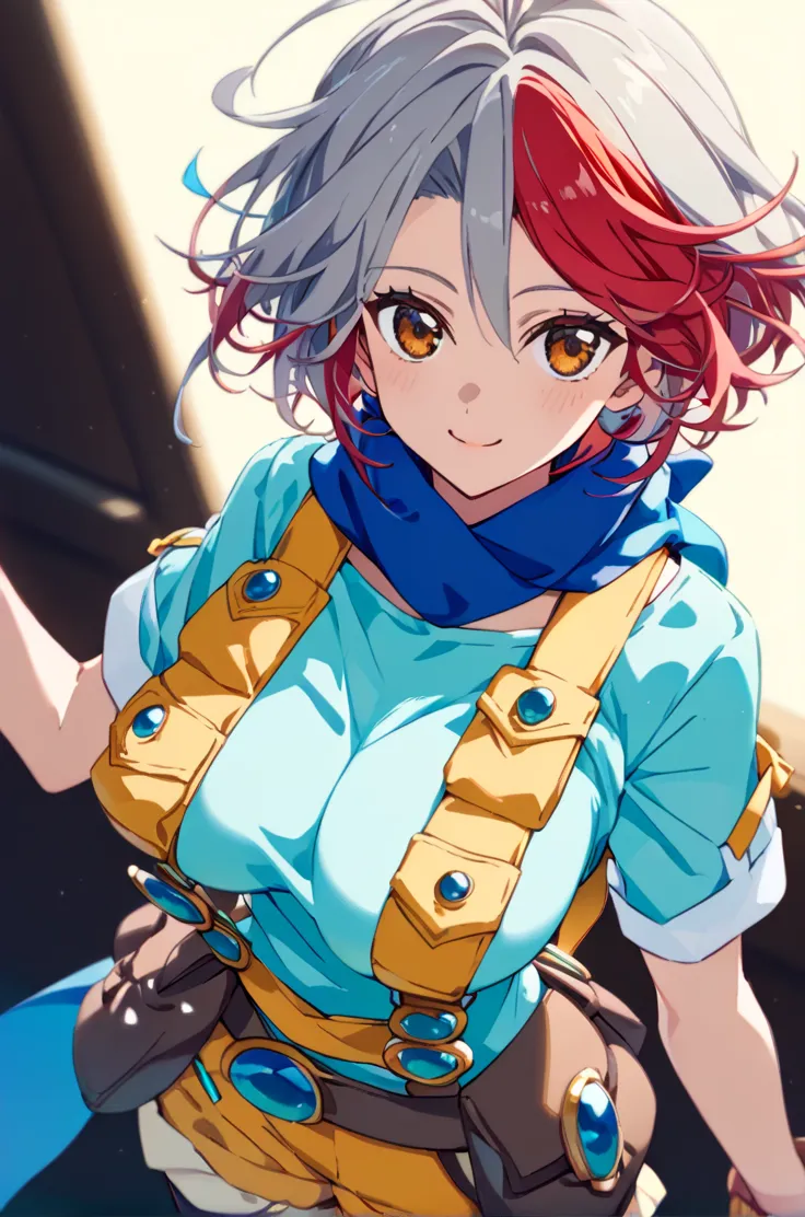 very aesthetic, exhaustive,
palace
cowboy shot,  
 light smile, 
 big breasts ,
stupid hair,  brown eyes, side lock, multicolored hair, Gray Hair, red hair,, zPDXL、(((megami magazine)))、((( anime)))、dark background 、　　 Chest Valley、(adlut woman body),　((( ...