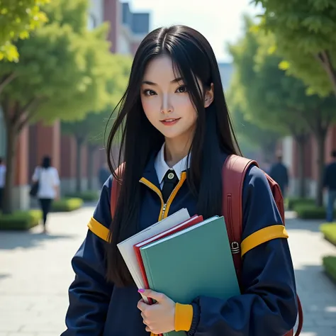 (best quality,4k,8k,highres,masterpiece:1.2),ultra-detailed, Japanese Goddess Amaterasu as a college student, Adult Japanese woman. realistic Japanese features, Black hair, Dark blue jacket with yellow accents, walking around college campus, carrying textb...