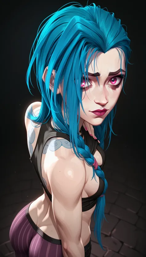 score_9, score_8_ upwards, score_7_ upwards, Jinx, very sexy,  With your back to the viewer,  shows off ass, training ground, medium breasts、sideways к зрителю, buttocks,  shows off ass. sideways, Close-up of cleavage woman with blue hair and black top,  f...