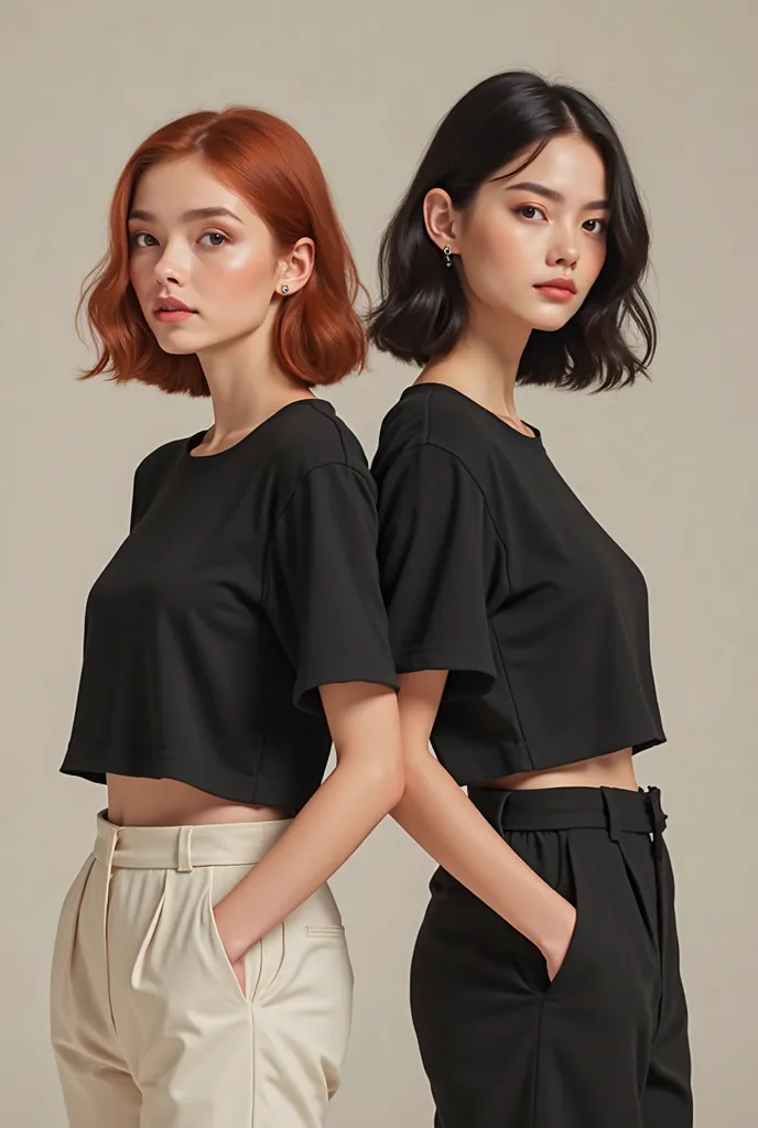 ** Description :**

woman wearing black cotton crop tops, with short medium sleeves and round neck. One of them stands, with its back facing the spectator, while the other is looking directly forehead. . Both have a relaxed and natural posture, with relaxe...