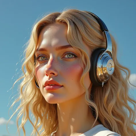 photo portrait. Stunningly beautiful smiling blonde with gorgeous blue eyes, plump red lips, large metal headphones against a clear blue sky.  sweet smile.  looking into the camera .