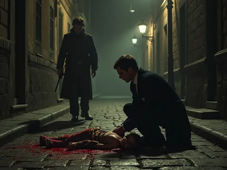 In a dark and silent street, under the faint light of gas lamps, a small boy lies on the floor with his clothes covered with blood. Gaspar Montenegro,  kneeling, desperately holds it, his face full of horror and anguish.  In the background, the figure of S...