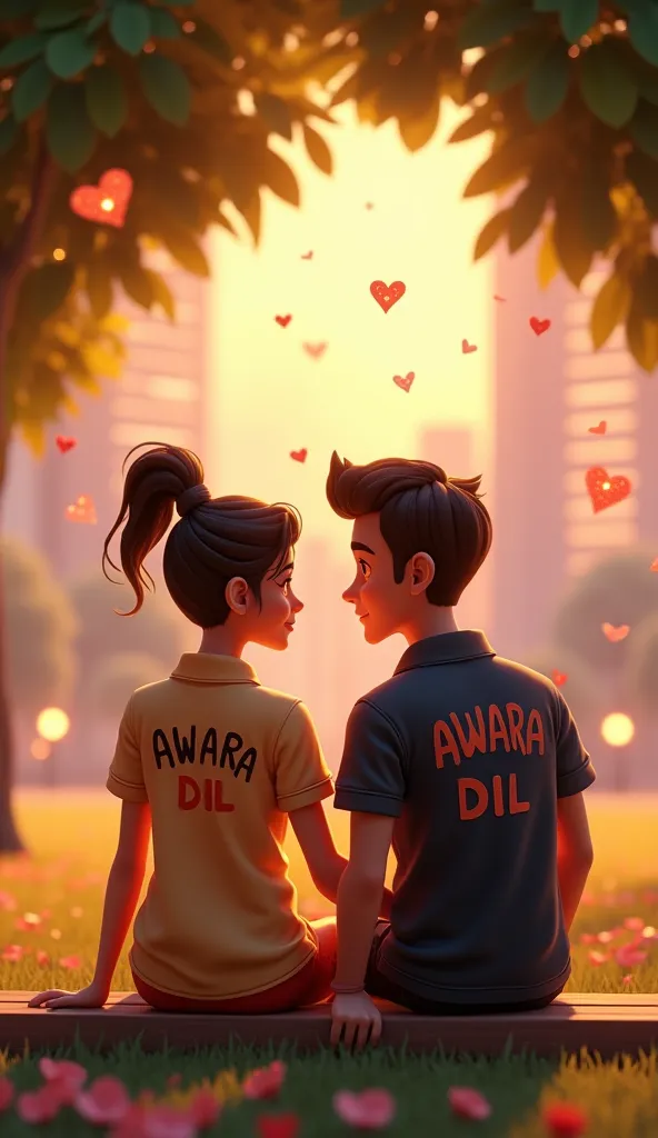 A 3D animation of a couple in a lush, colorful park. The woman wears a light-colored polo with a bold ‘AWARA DIL’ on it, and the man wears a dark polo with a “AWARA DIL” They are sitting on a bench under a tree, surrounded by floating love letters and soft...