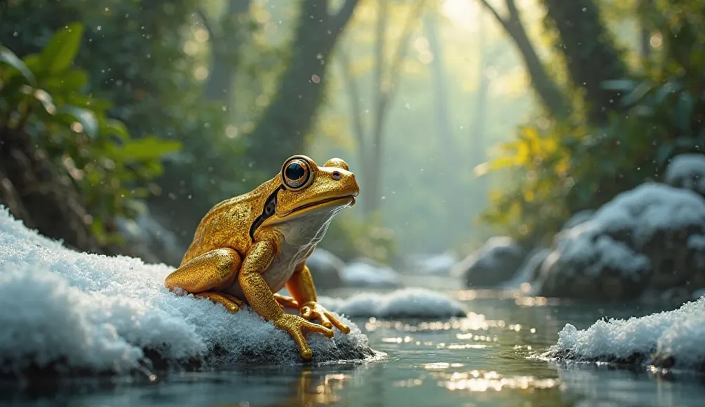 Golden Frog sitting in snow and water on the side in jungle background 