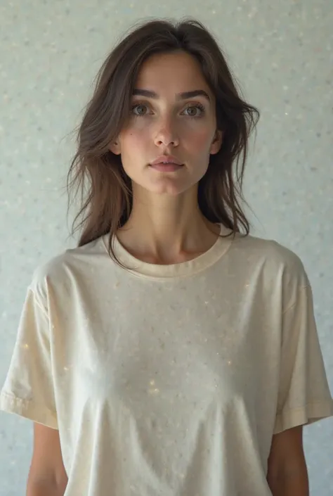 33 year old woman, surprised expression, wearing casual t-shirt, hands down, light background, realistic lighting and details, cinematic style, high resolution