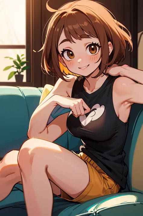 [ochako uraraka; Boku No Hero Academia], ((masterpiece)), ((portrait alone)), ((high definition)), ((high resolution)), ((Low angle view)), (( visible feet)), ((detailed shading)), ((intricate details)), [ochako; (mejillas  blusheds, beautiful brown eyes, ...