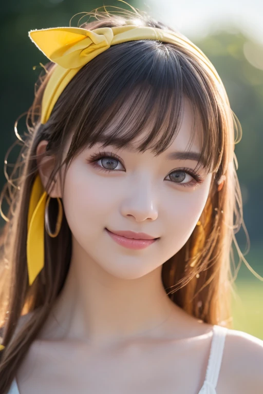 Masterpiece,  best quality ,  best quality , (  intricate detail :1.2),  beautiful eyes,  1 girl, Alone, Outdoors,  blue sky, cloudy, Bokeh,  lens flare, anamorphic  lens flare,  allows depth of field ,  enchanting face ,  bewitching smile, {{heanna_violet...