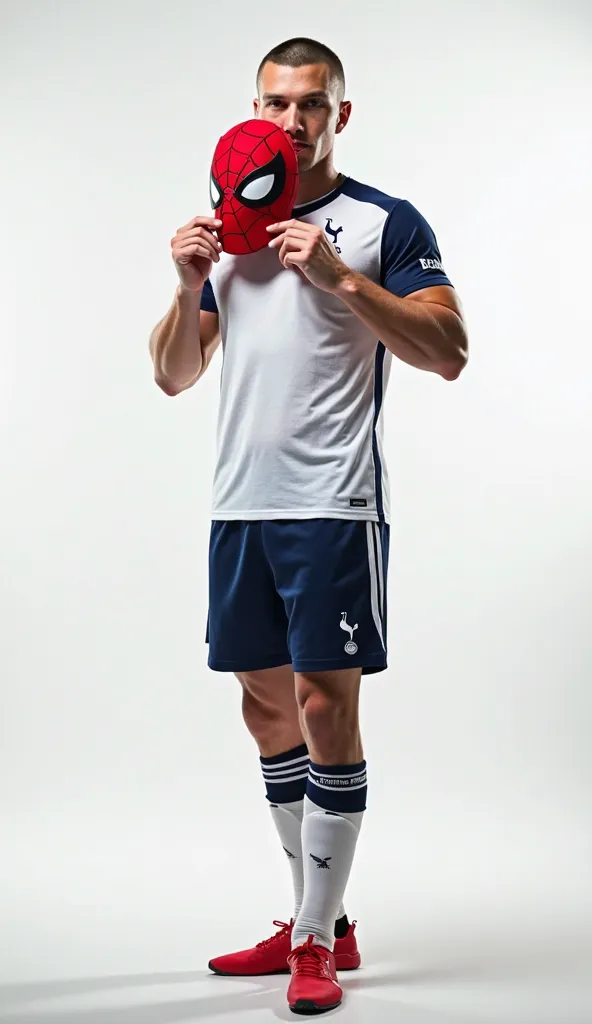 27-year-old male ,buzz cut,athletic and muscular body, And the marked mandible, with a with a white Tottenham Hotspur soccer jersey and navy blue Tottenham Hotspur shorts, poses on a white background. He is dynamically posing, holding and putting on a Spid...