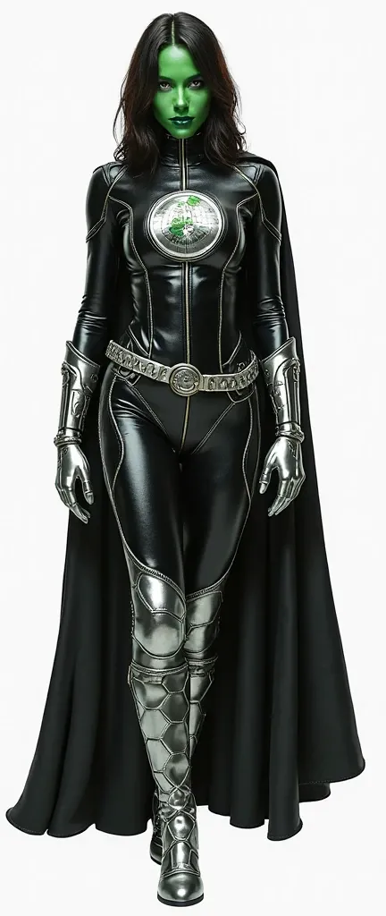 A beautiful and gorgeous German heroin green skin Ms MARTIAN,, wearing leather black and silver honeycomb textured tight fit leather spandex costume. Silver details and trimmings..Silver gloves and belt and knee high boots. Black leather cape. hero suit wi...