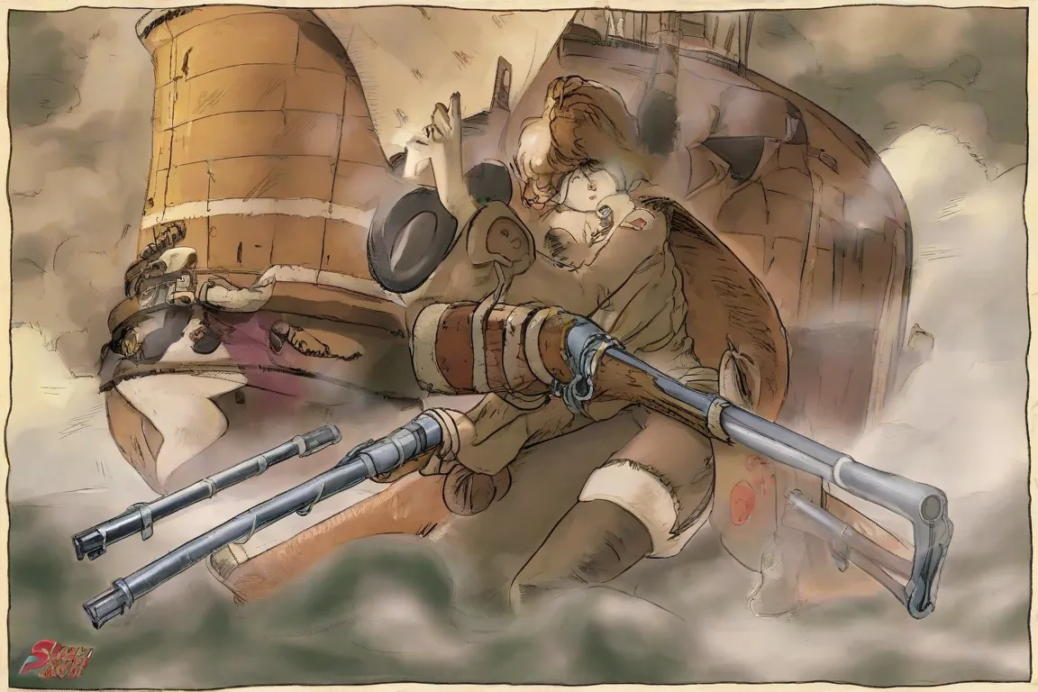 (studio ghibli) Jessica Rabbit (air ship pirate, sexy pirate outfit Valley of the wind motif, patch over one eye, steam powered rifle, confident, sultry), airship has Valley of the wind aesthetics, she is questioning her captive Nausicaa