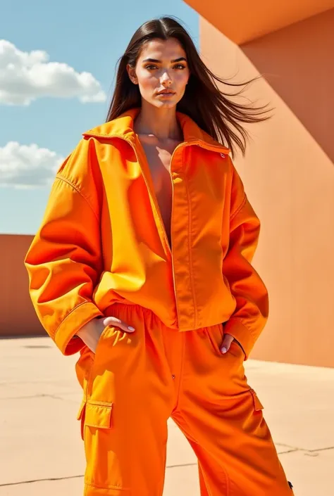 Real girl modeling oversized orange hip hop clothes latest fashion 2025