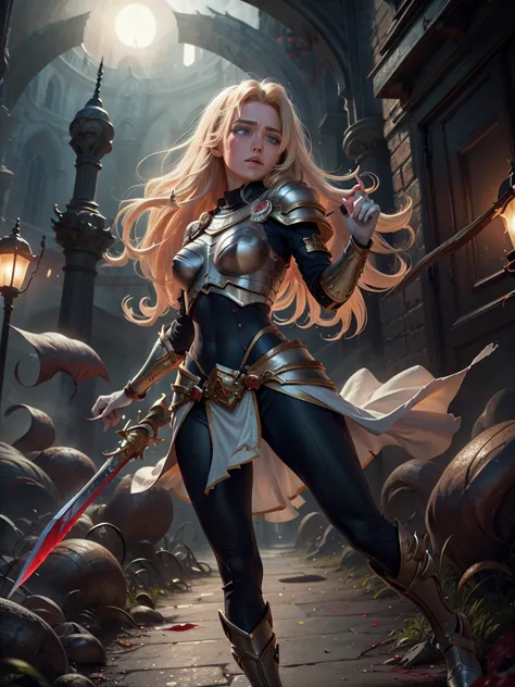 Highly detailed, High Quality, Full Length Portrait, Masterpiece, nice hands, perfect hands, 1girl, full body, lux1, lux_(league_of_legends), ultra very long blonde fringe bangs hair, armor, breastplate, black headband, bodysuit, light smile, white gloves,...