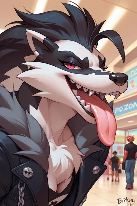 furry Obstagoon, pokemon, smirking expression, pretty, cartoon, toony style, sharp pointy teeth, long pink tongue hanging out of their mouth, in the mall, looking at viewer, female, emo furry, spikey hair, wide tongue