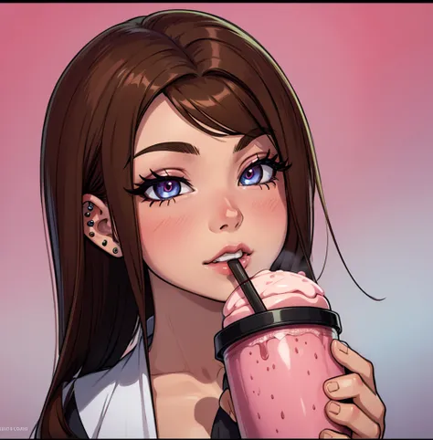 anime girl with long brown hair, digital art, digital anime illustration, piercing eyes, lineart, drinkin a strawberry milkshake
