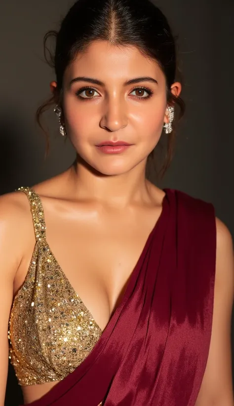 Generate a close up frontal image of a woman in a maroon semi transparent sleeveless saree. The blouse is golden colour with mirror sequins. It has no sleeves and has a golden satin finish with spaghetti strap. The woman is giving a sexy, seductive and bol...