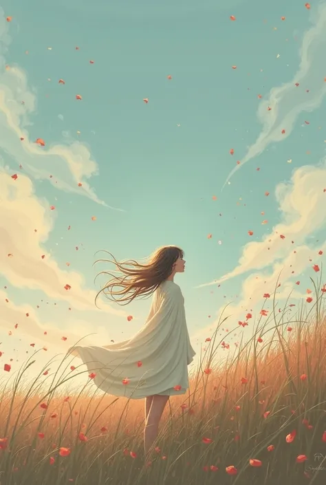 "A poetic and surreal artwork representing the theme 'Embracing the Wind'. The scene captures the invisible yet powerful presence of the wind as it interacts with nature. Flowing strands of tall grass, fluttering petals, and soft fabric lifted gently by th...