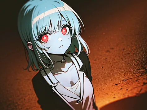 Dark gothic anime girl, pale skin, glowing red eyes, horror atmosphere, retro anime style, detailed shadows, high contrast, eerie background, 1980s anime aesthetic