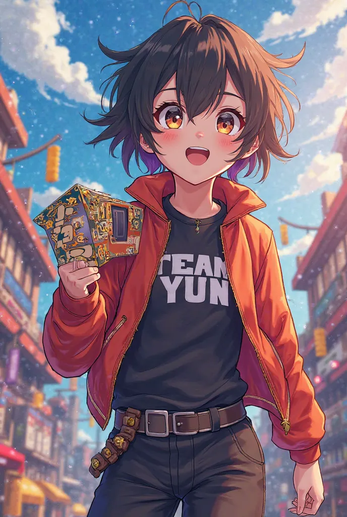 Create me an animated character from an anime that has a sign that says team yun