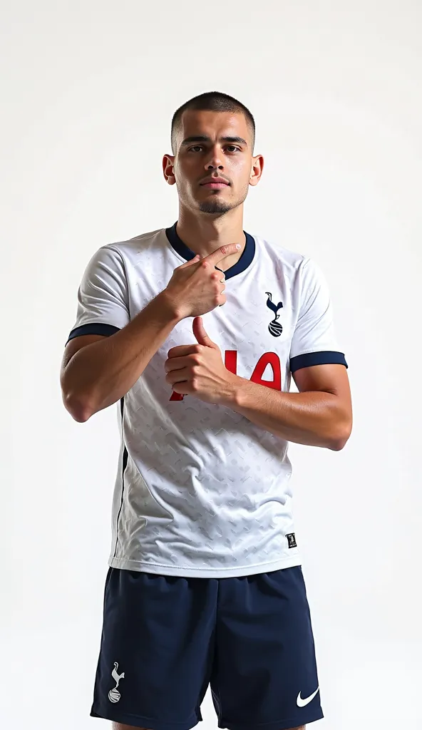 27-year-old male ,buzz cut,athletic and muscular body, And the marked mandible, with a with a white Tottenham Hotspur soccer jersey and navy blue Tottenham Hotspur shorts, poses on a white background. He's posing dynamically. With one arm he points to the ...