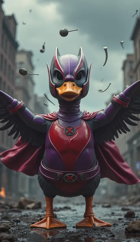 powerful-looking duck dressed as Magneto from X-Men, floating slightly above the ground with its wings outstretched. It wears a sleek red and purple costume, complete with Magneto’s iconic helmet modified for a duck’s head. Small metal objects, like spoons...