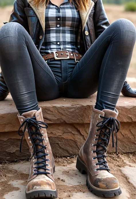 An sexy slim woman, (sitting casually), wearing (a pair of dusty dirty washed-out dark black jeans), (dirty legs spread), (open color checkered tight shirt:1.3), (hunting jacket), (hiking boots), gloves, (small belt). (Front view). (close-up on pants), per...