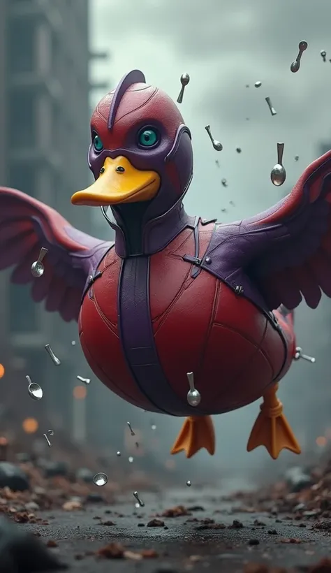 powerful-looking duck dressed as Magneto from X-Men, floating slightly above the ground with its wings outstretched. It wears a sleek red and purple costume, complete with Magneto’s iconic helmet modified for a duck’s head. Small metal objects, like spoons...